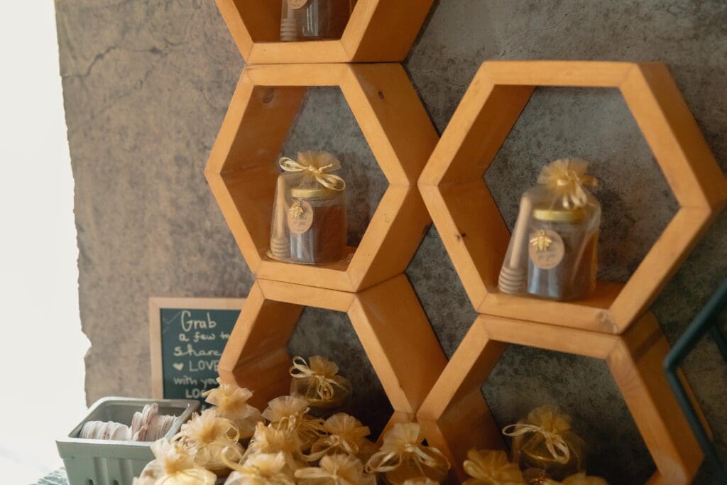 A display for a wedding gift for guests to take as a favor which was honey.